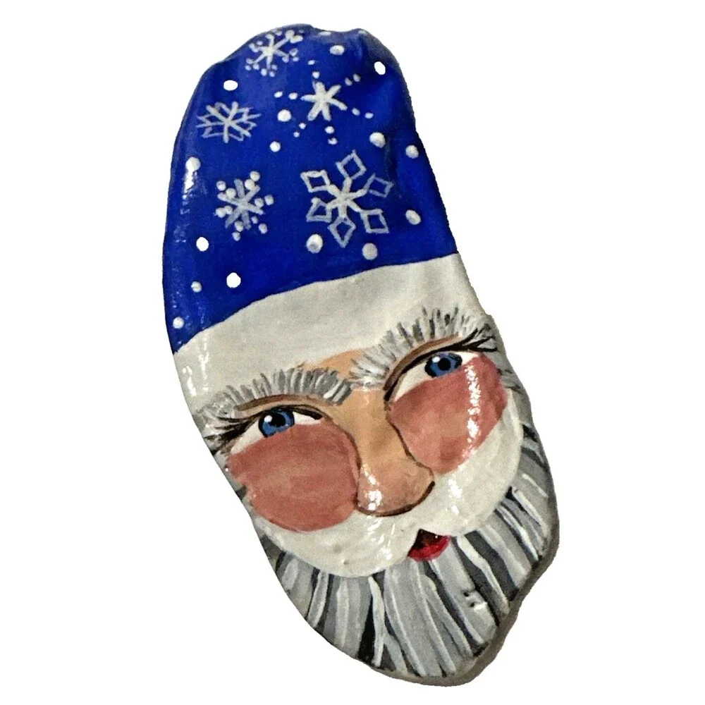 Vintage Old St Nick Santa Claus Brooch Hand Painted Shell Pin Christmas Art